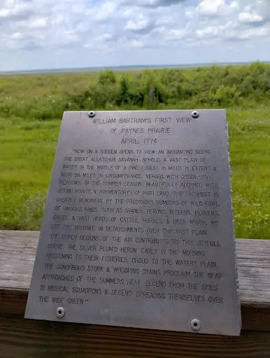 Historical marker plaque noting William Bartram observations of Payne's Prairie Preserve